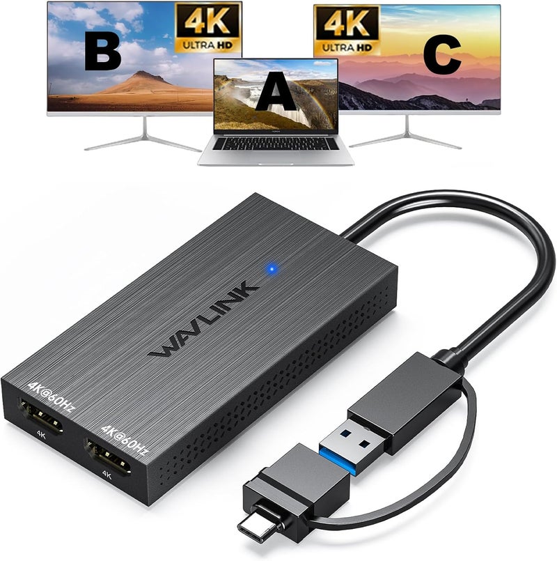 WAVLINK USB 3.0 & USB C to Dual HDMI Adapter 4K@60Hz for 2 Monitors, DisplayLink USB C HDMI Adapter for Dual Monitor, for Mac M1/M2/M3, Windows, ChromeOS, Ubuntu, Android - Image 1
